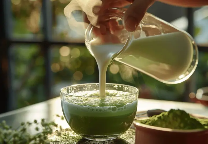 Préparation d'un matcha latte crémeux. Du lait est versé dans un bol rempli de poudre de matcha verte, créant une boisson réconfortante.