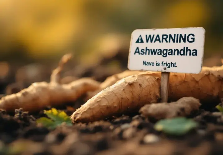 Racines d'ashwagandha fraîchement récoltées, avec un panneau "Attention Ashwagandha". Un avis sur la plante.