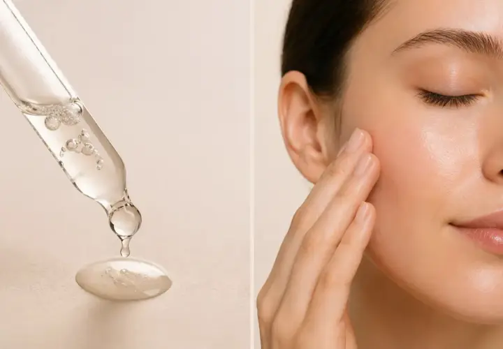 Goutte d'un sérum à la vitamine B3 sur une pipette, appliquée sur une peau radieuse.