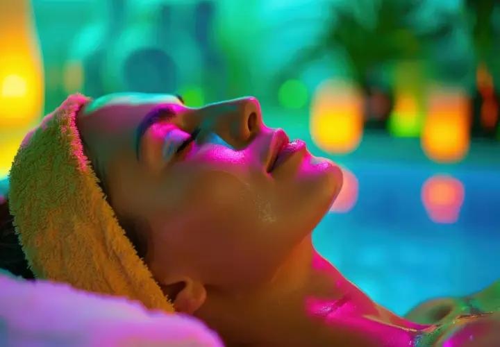 Visage détendu dans un spa de chromothérapie, baigné de lumières bleues, vertes et roses. Une serviette jaune orne sa tête.