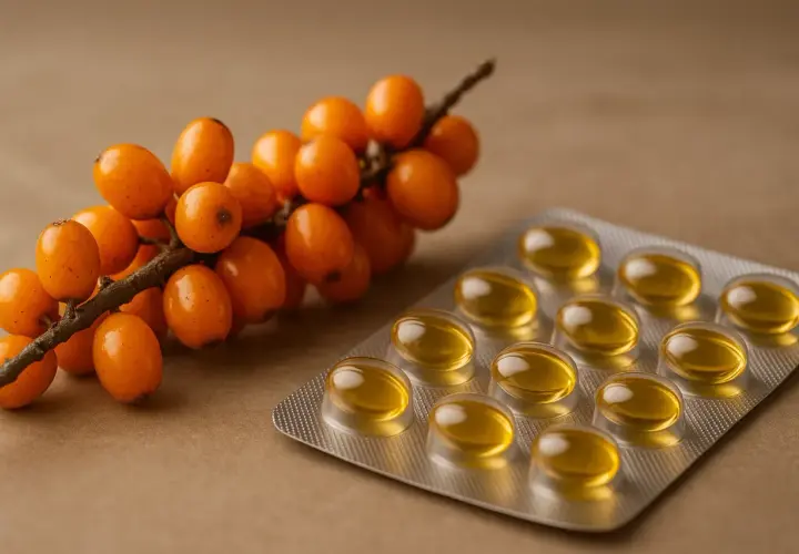 Baies d'argousier et une plaquette de capsules d'huile, source naturelle d'oméga 7 pour le bien-être.