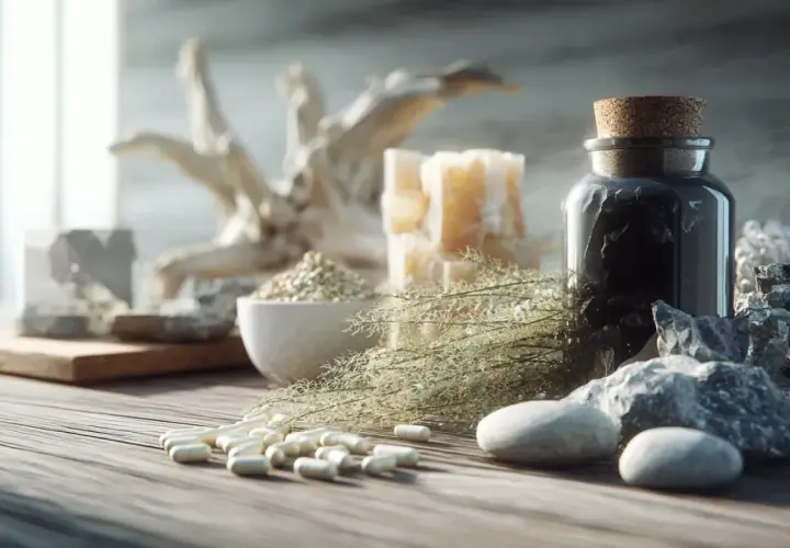 Flacon de silicium organique, pilules, herbes séchées et pierres brutes sur une table en bois.