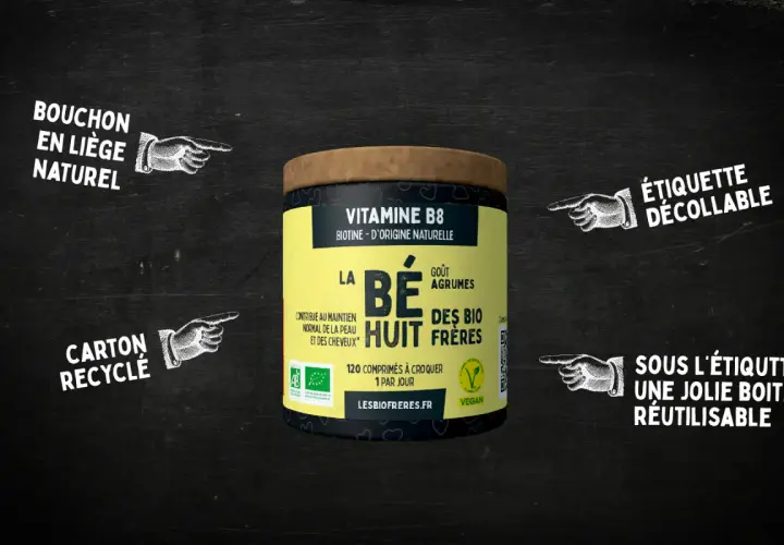 Boîte de vitamine B8, biotine d'origine naturelle, goût agrumes. Bouchon en liège, carton recyclé, étiquette décollable.