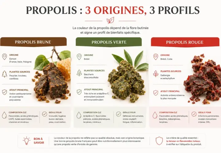 Propolis brune, verte et rouge : leurs origines, compositions et bienfaits spécifiques. La propolis brune est antibactérienne et cicatrisante.