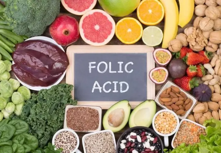 Assiette de foie, légumes verts, fruits et noix. Le bienfait de l'acide folique est essentiel pour la santé.