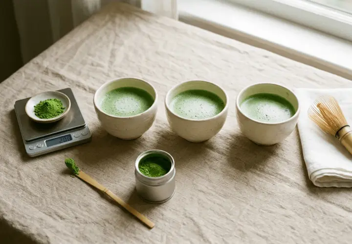 Préparation de la quantité de matcha par jour : trois bols de thé vert mousseux, une balance, une cuillère et un fouet à matcha.