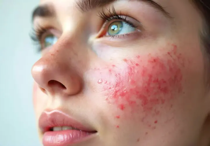 Gros plan sur le visage d'une jeune femme, montrant des rougeurs et des petites imperfections sur sa joue, signe d'une hypersensibilité de la peau.