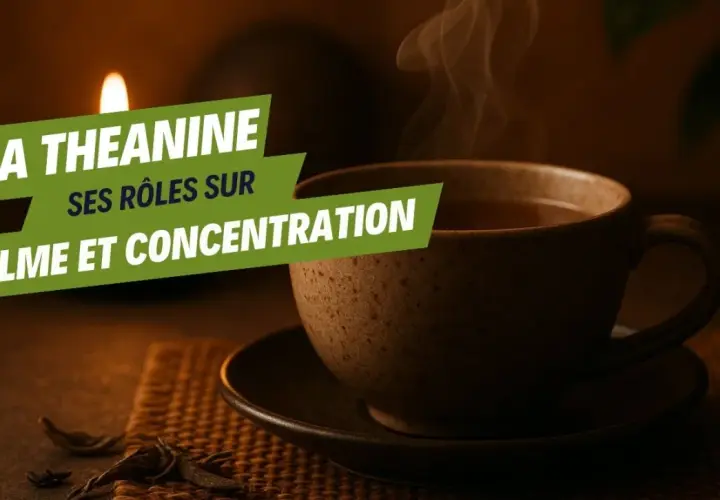 Une tasse de thé fumante, avec le texte "La théanine, ses rôles sur calme et concentration".
