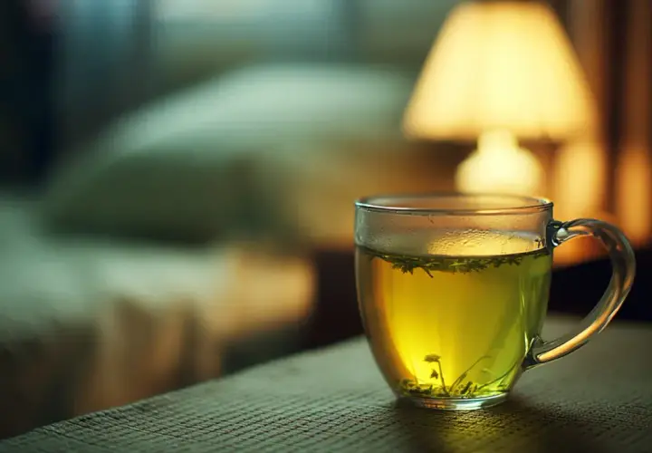 Une tasse de thé vert, avec ou sans théine, sur une table. La lumière douce d'une lampe éclaire la scène.