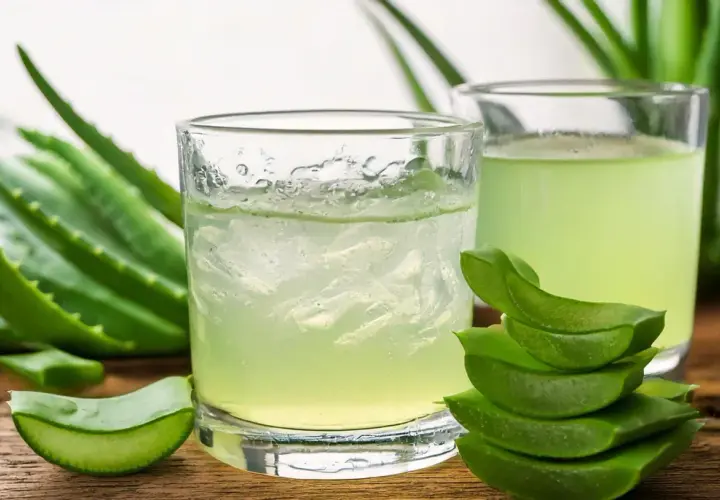 Deux verres de jus d'aloe vera à boire, entourés de feuilles d'aloe vera fraîches et de morceaux coupés.