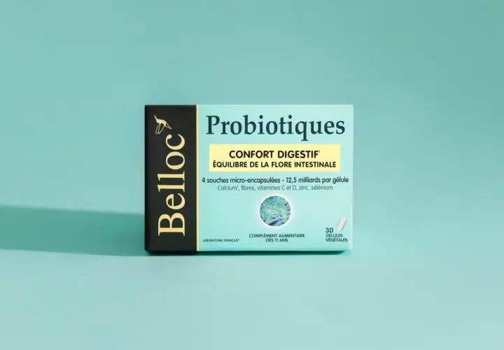 Boîte de probiotiques Belloc pour le confort digestif et l'équilibre de la flore intestinale. Ce probiotique estomac contient 30 gélules végétales.