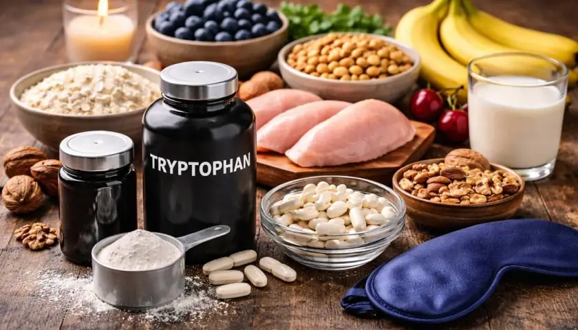 Des aliments riches en tryptophane : poulet, bananes, noix, flocons d'avoine, myrtilles. Compléments de tryptophane et masque de sommeil.