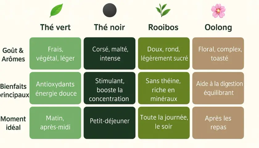 Le thé vert, frais et léger, est idéal le matin. Le thé noir, corsé et stimulant, parfait pour le petit-déjeuner.