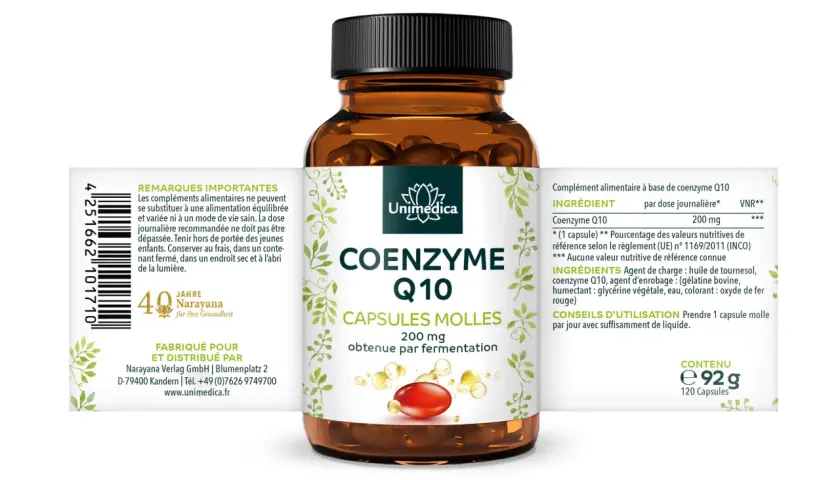 Flacon de Coenzyme Q10 200 mg, 120 capsules molles. Découvrez les coenzyme q10 bienfaits pour votre énergie.