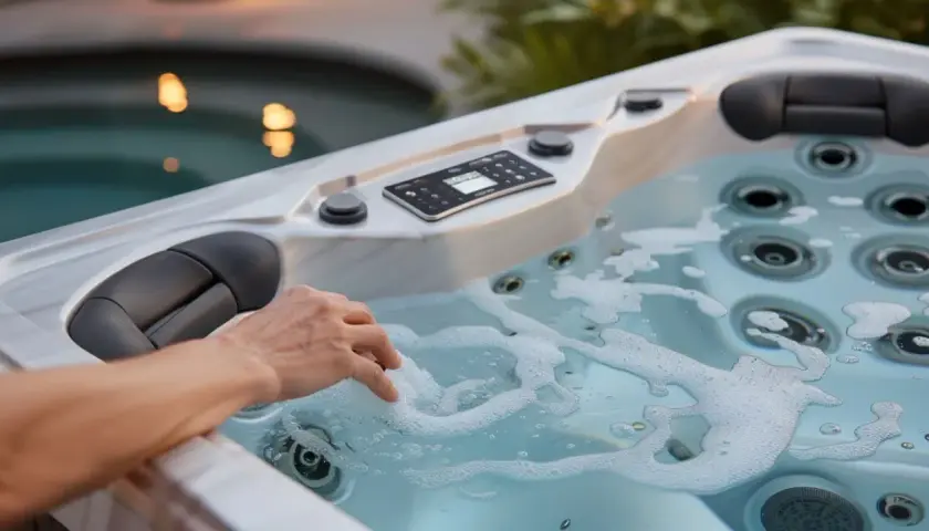 Main d'une personne effleurant l'eau bouillonnante d'un **dessous spa** moderne, avec des jets visibles et un panneau de contrôle.
