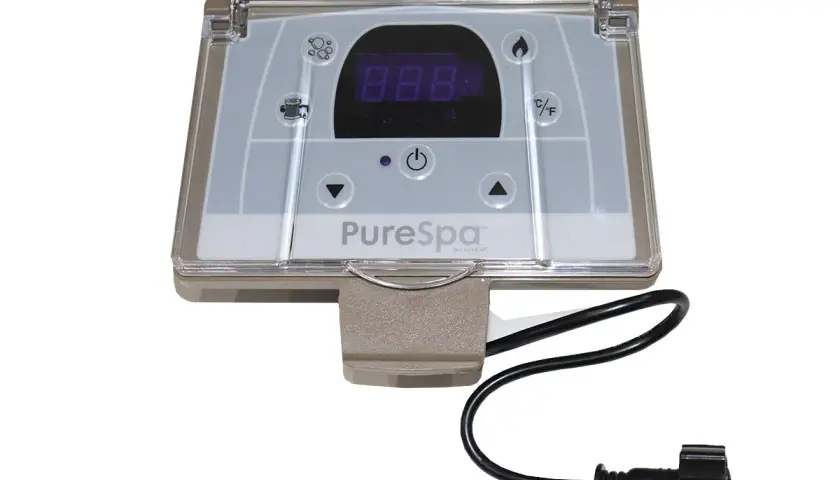 Panneau de contrôle PureSpa pour branchement spa gonflable. Affiche la température et les fonctions.