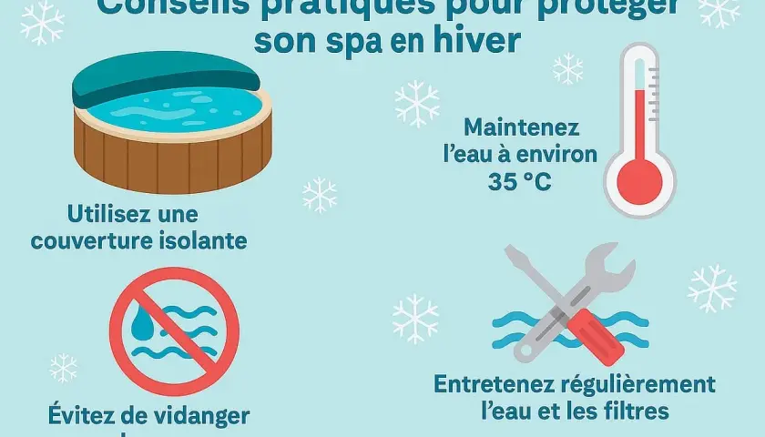 Conseils pour l'hivernage d'un spa rigide : couverture isolante, eau à 35°C, ne pas vider, entretenir eau et filtres.