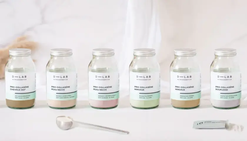 Six flacons de collagène hydrolysé D-LAB Nutricosmetics, chacun avec une saveur et un bénéfice distincts.