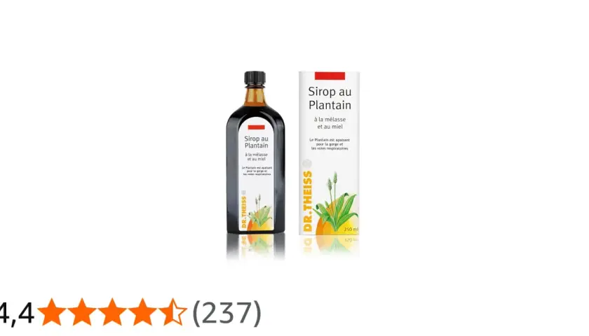 Sirop au plantain Dr. Theiss, mettant en avant les plantain bienfaits pour la gorge et les voies respiratoires. Flacon et boîte présentés.
