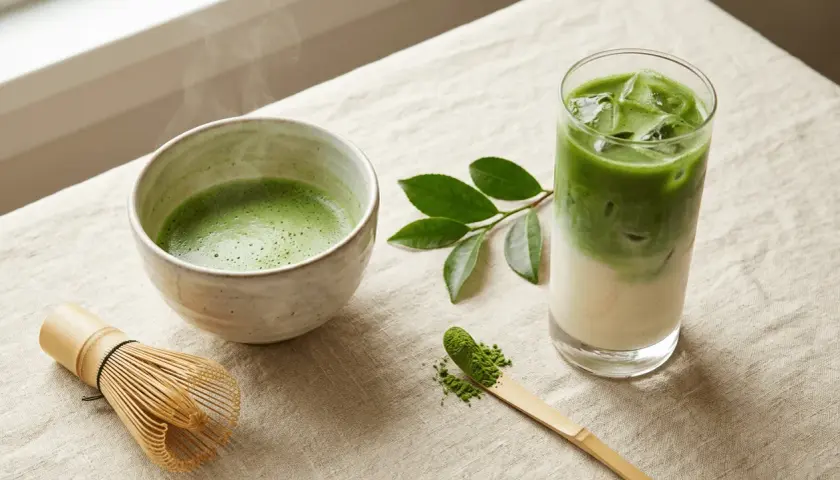 Un bol de thé matcha fumant, un verre glacé et une cuillère de poudre verte. Peut-on boire du thé matcha tous les jours ? Une question pour les amateurs de cette boisson.