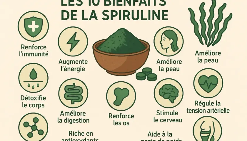 Infographie illustrant les 10 bienfaits de la spiruline : renforce l'immunité, augmente l'énergie, détoxifie le corps, améliore la digestion, riche en antioxydants, améliore la peau, renforce les os, stimule le cerveau, aide à la perte de poids, régule...