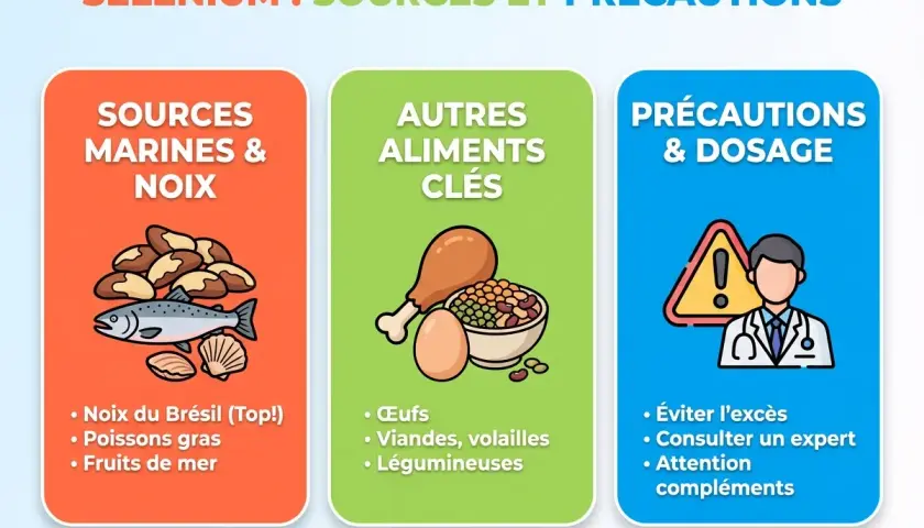 Sources de sélénium : noix du Brésil, poissons, fruits de mer, œufs, viandes, légumineuses. Attention aux excès et aux compléments.
