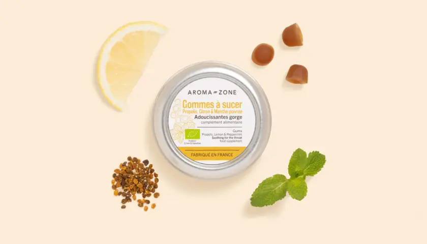 Gommes à sucer Aroma-Zone : un remède miracle contre l'extinction de voix. Propolis, citron et menthe pour adoucir la gorge.