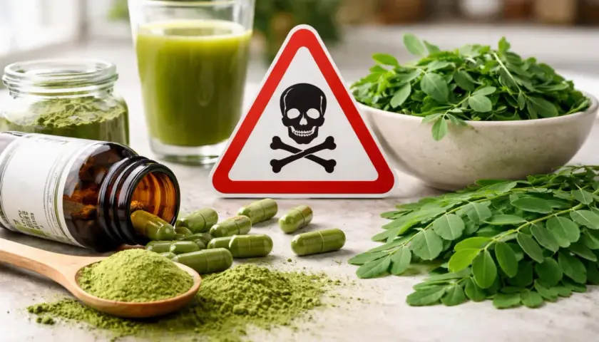Attention au danger du moringa : pilules, poudre, jus et feuilles, avec un panneau de danger.