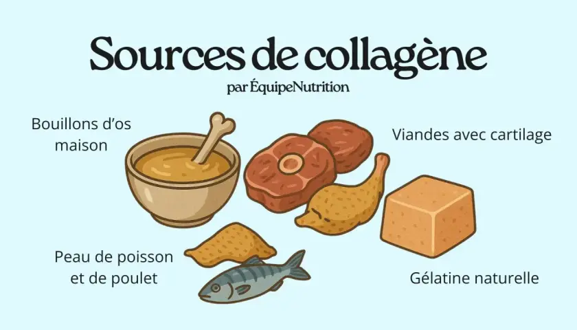 Sources de collagène naturel : bouillons d'os, viandes avec cartilage, peau de poisson et poulet, gélatine.