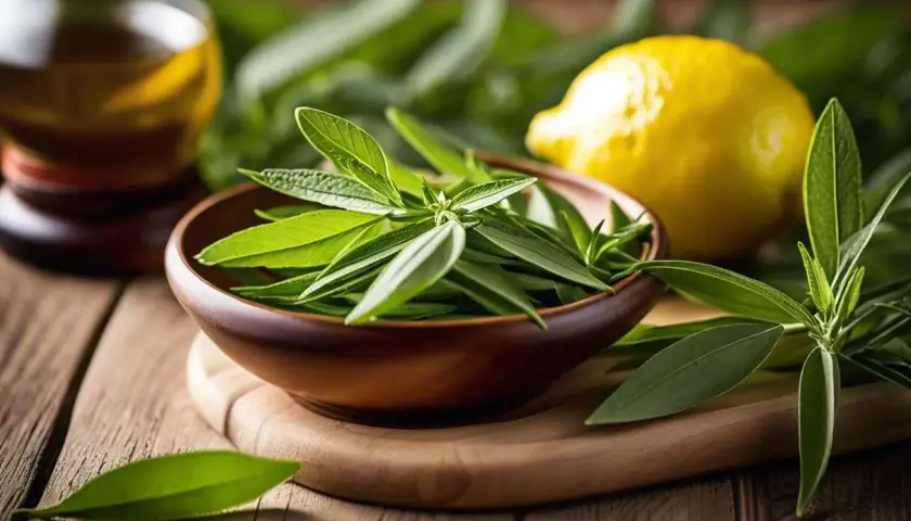 Un bol rempli de feuilles de verveine citronnée fraîche, avec un citron jaune et une bouteille d'huile en arrière-plan.