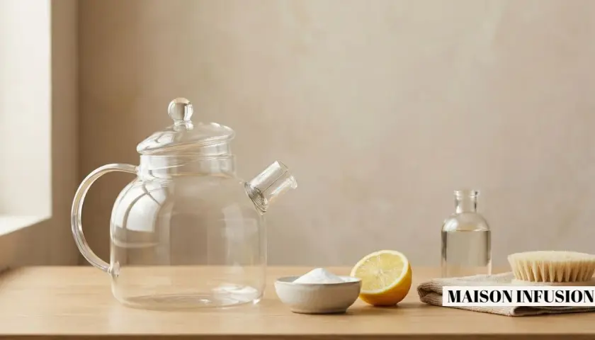 Une théière en verre, du bicarbonate de soude, un citron et une brosse pour nettoyer filtre à thé.