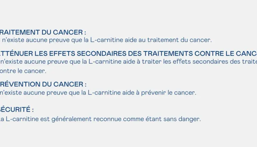 La L-carnitine n'aide pas au traitement, à la prévention ou à l'atténuation des effets secondaires du cancer. Elle est reconnue comme sans danger.