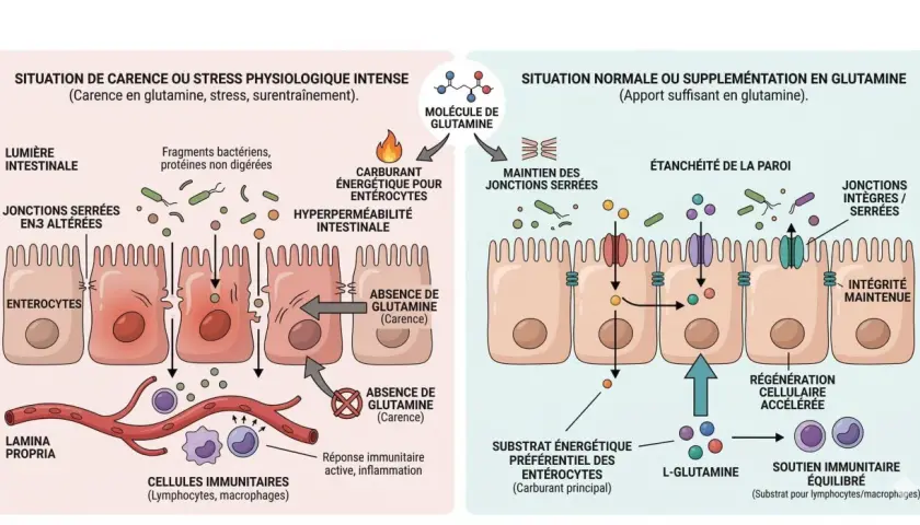 Schéma comparant l'intestin en carence de glutamine (hyperperméabilité, inflammation) et en apport suffisant (étanchéité, soutien immunitaire). Les bienfaits de la glutamine sont essentiels.