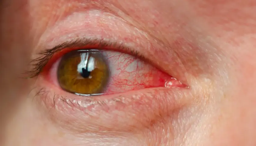 Œil humain avec conjonctive rouge et une petite tache rouge sur la paupière supérieure.