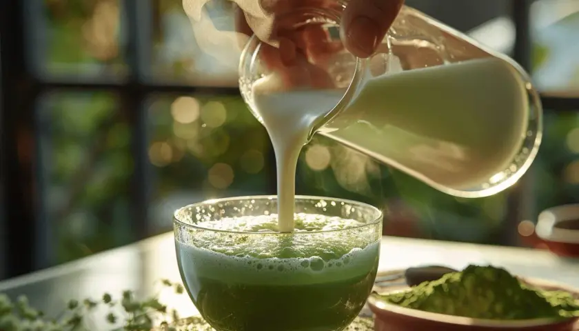 Préparation d'un matcha latte crémeux. Du lait est versé dans un bol rempli de poudre de matcha verte, créant une boisson réconfortante.