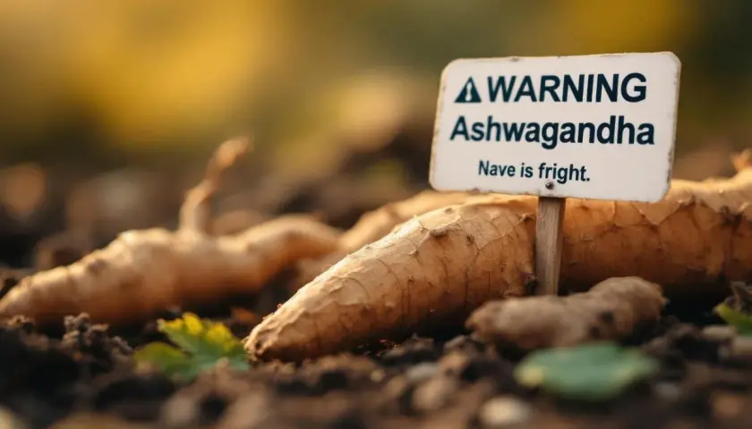 Racines d'ashwagandha fraîchement récoltées, avec un panneau "Attention Ashwagandha". Un avis sur la plante.