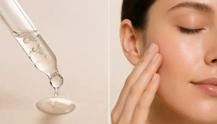 Goutte d'un sérum à la vitamine B3 sur une pipette, appliquée sur une peau radieuse.