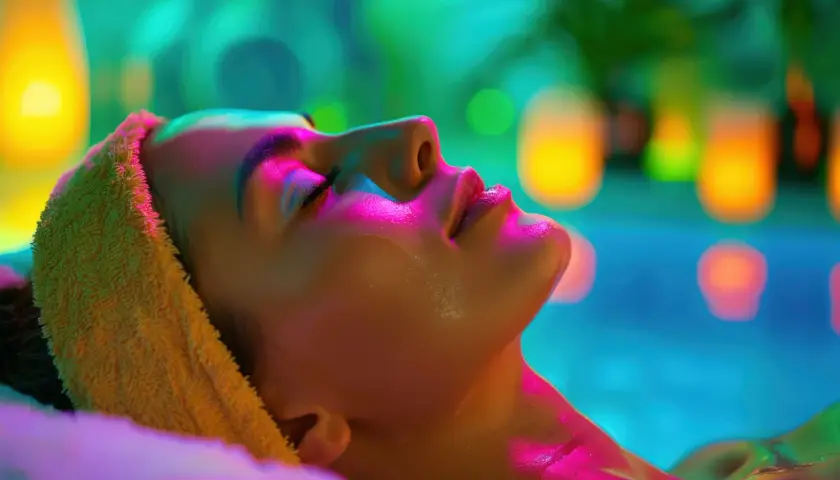 Visage détendu dans un spa de chromothérapie, baigné de lumières bleues, vertes et roses. Une serviette jaune orne sa tête.