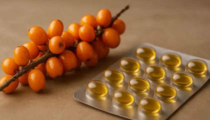 Baies d'argousier et une plaquette de capsules d'huile, source naturelle d'oméga 7 pour le bien-être.
