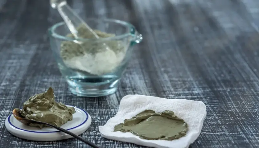 Pâte d'argile verte prête à l'emploi, avec une cuillère sur une petite assiette et une autre portion sur un tissu blanc. Un mortier en verre rempli de poudre d'argile est visible en arrière-plan.