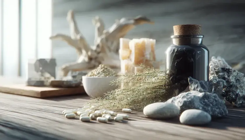 Flacon de silicium organique, pilules, herbes séchées et pierres brutes sur une table en bois.