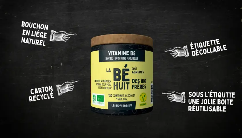 Boîte de vitamine B8, biotine d'origine naturelle, goût agrumes. Bouchon en liège, carton recyclé, étiquette décollable.
