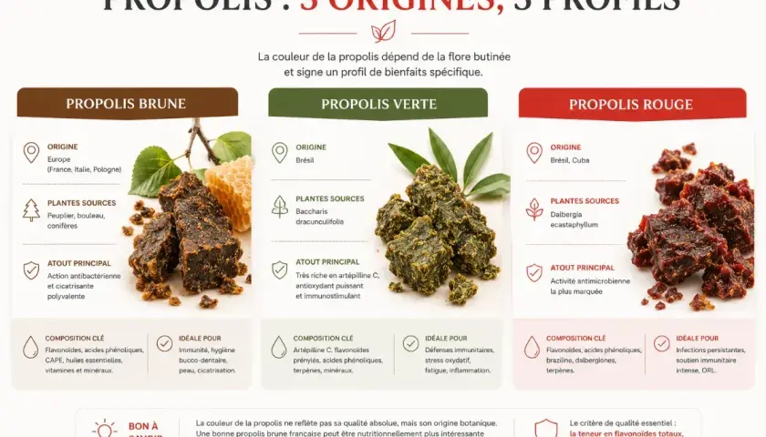 Propolis brune, verte et rouge : leurs origines, compositions et bienfaits spécifiques. La propolis brune est antibactérienne et cicatrisante.