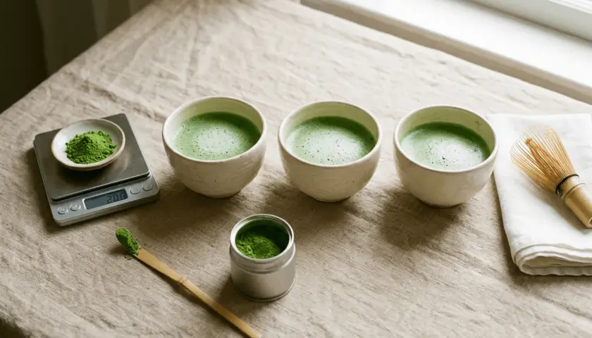 Préparation de la quantité de matcha par jour : trois bols de thé vert mousseux, une balance, une cuillère et un fouet à matcha.