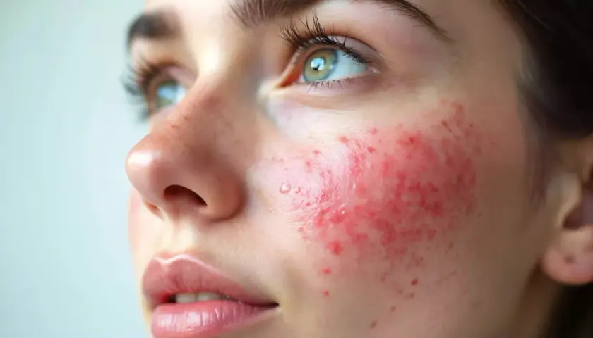 Gros plan sur le visage d'une jeune femme, montrant des rougeurs et des petites imperfections sur sa joue, signe d'une hypersensibilité de la peau.