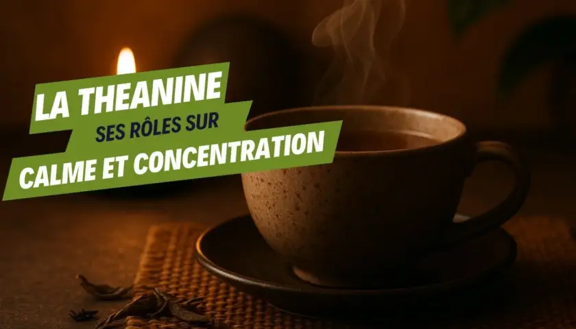 Une tasse de thé fumante, avec le texte "La théanine, ses rôles sur calme et concentration".