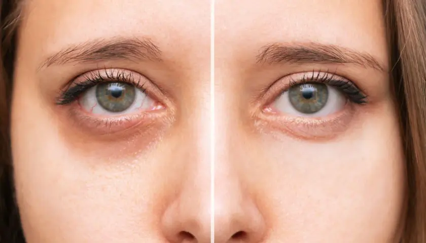 Avant/après : réduction des cernes creuses sous les yeux, améliorant l'apparence de la peau.