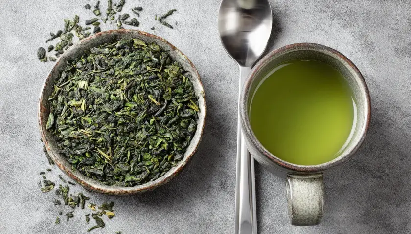Thé vert en vrac dans un bol, une tasse de thé vert et une cuillère. Le thé vert est connu pour ses bienfaits, mais il peut aussi avoir des egcg effets secondaires.