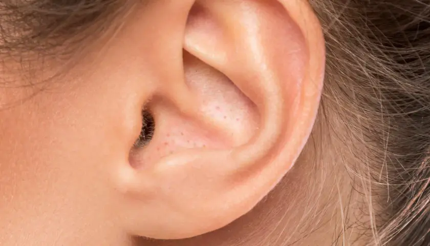 Gros plan sur une oreille humaine, montrant des pores et un petit point noir dans le conduit auditif.