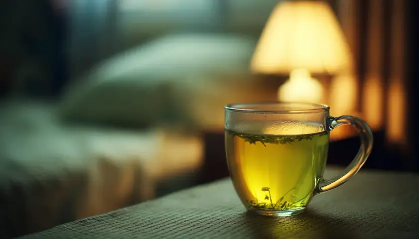 Une tasse de thé vert, avec ou sans théine, sur une table. La lumière douce d'une lampe éclaire la scène.